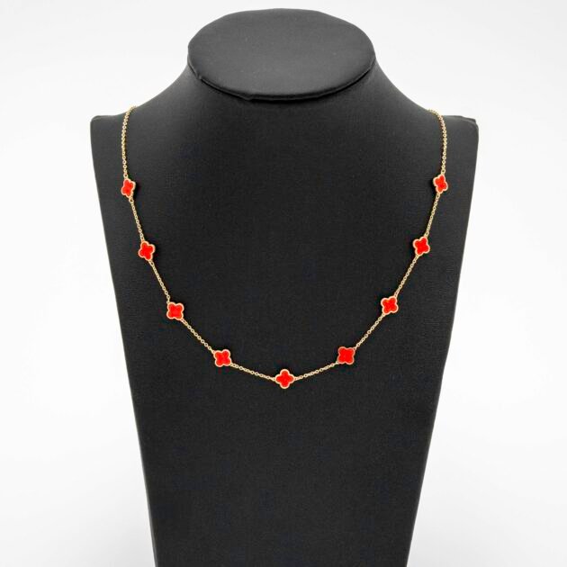 Collar de 14kt diseño flor de 4 hojas en rojo